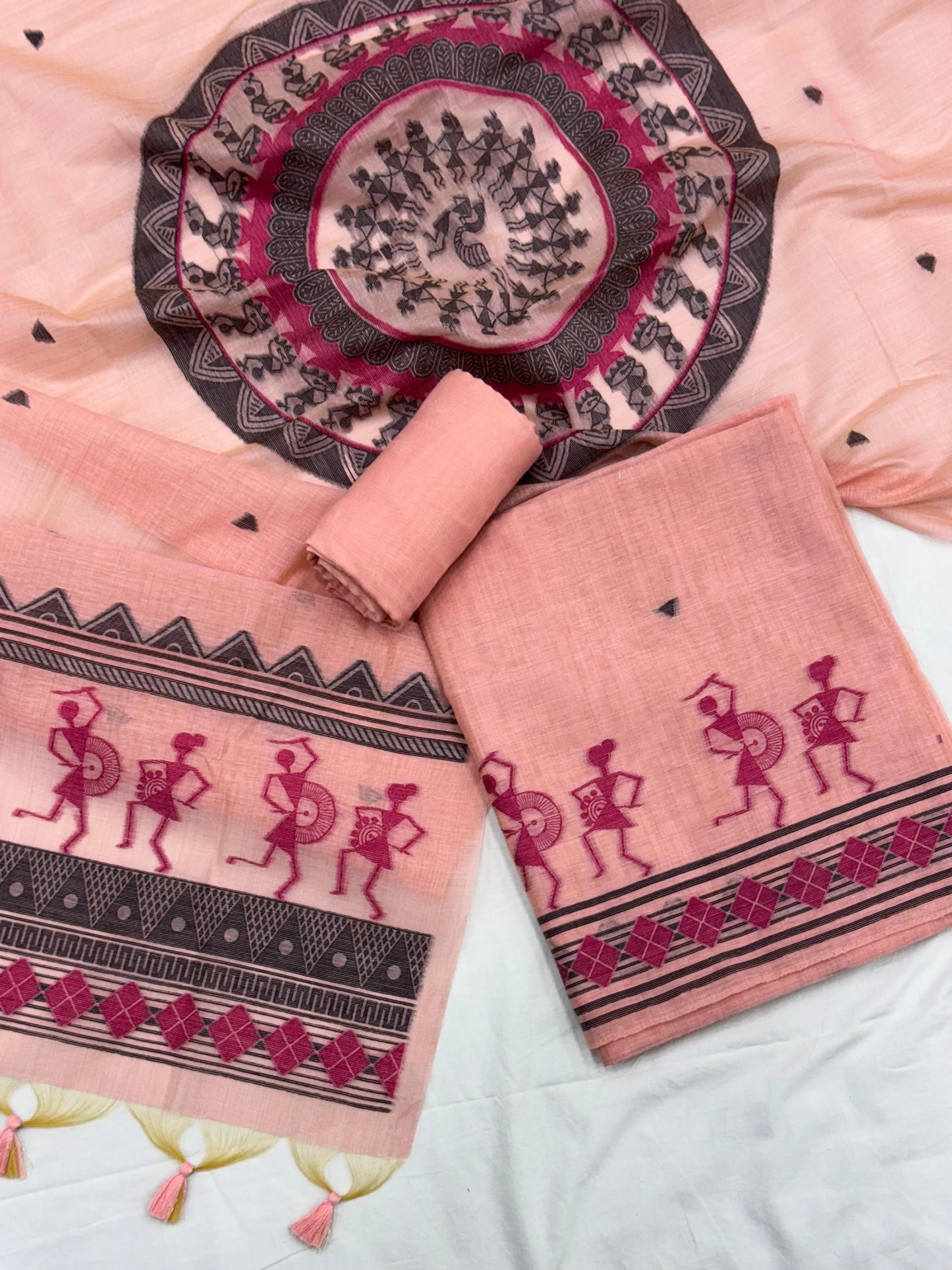 Soft Muga Cotton Warli Design Unstitched Dress Material Set - Pink