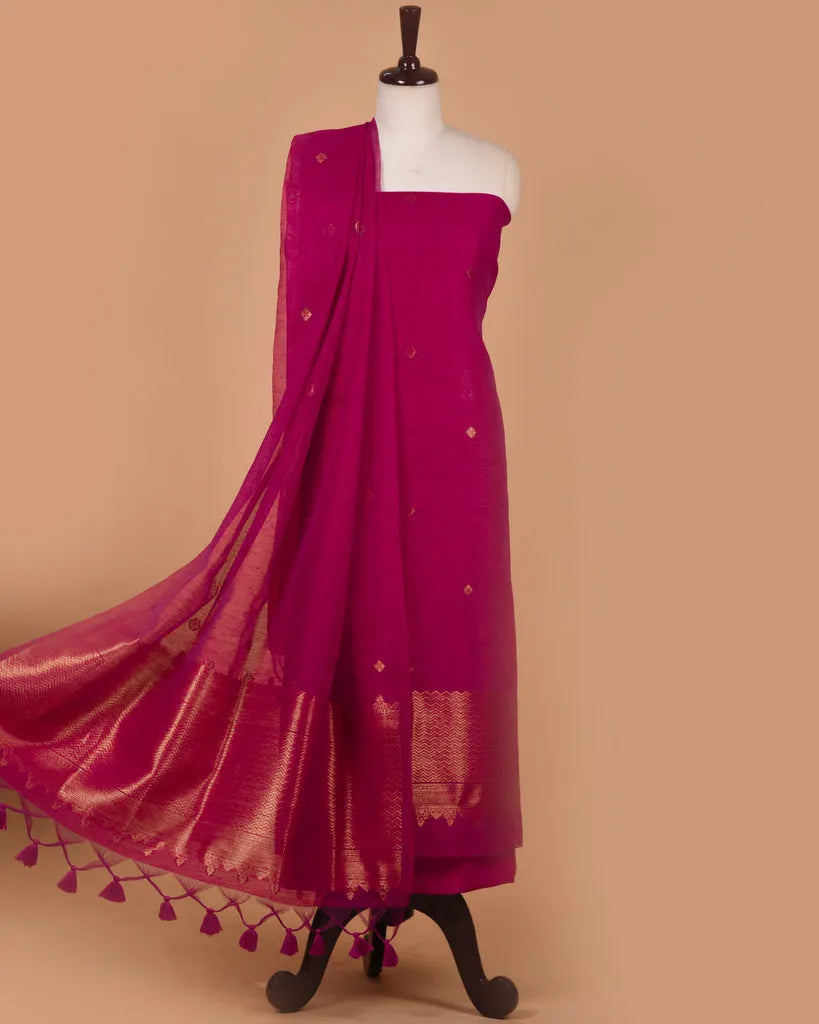 Soft Linen Silk Blend Unstitched Dress Material with Rich Zari Design - Pink