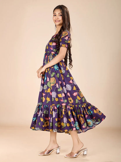 Kalamkari Floral Printed Tussar Silk Dress