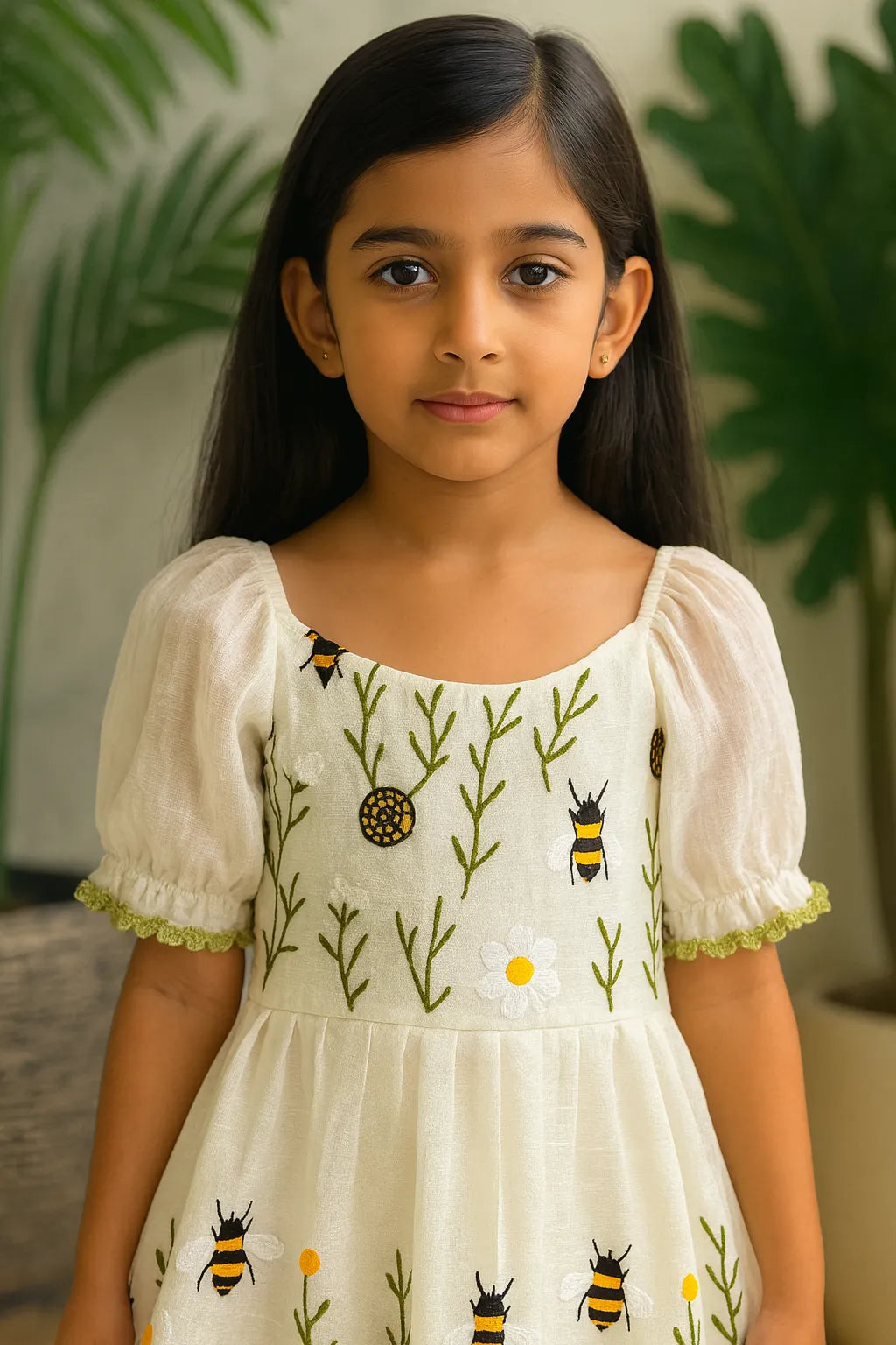 Ivory Floral Bee Embroidered Kids Party Wear Gown