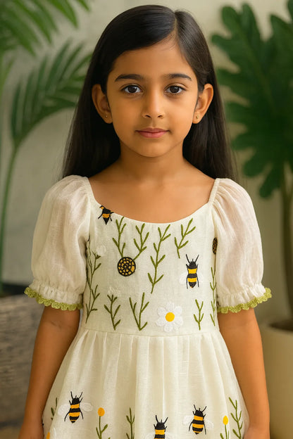 Ivory Floral Bee Embroidered Kids Party Wear Gown