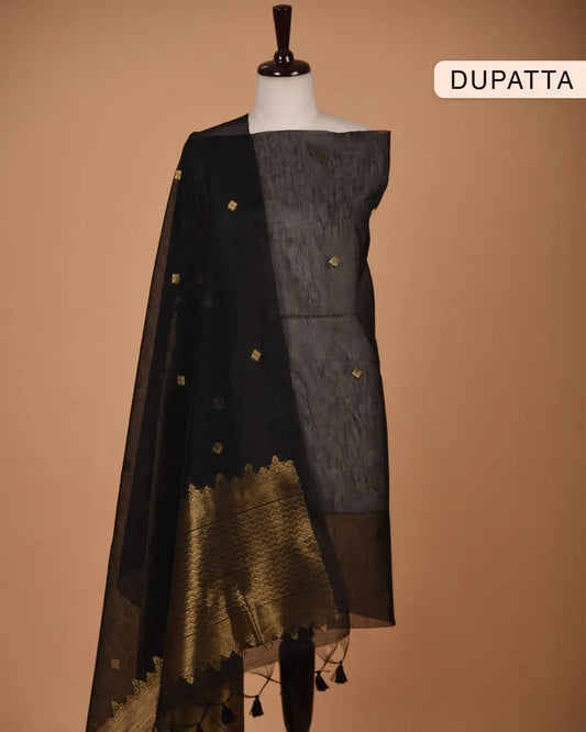 Soft Linen Silk Blend Unstitched Dress Material with Rich Zari Design - Black
