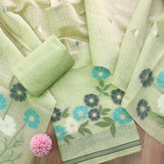 Pure Soft Muga Cotton Unstitched Dress Material Set - Pista