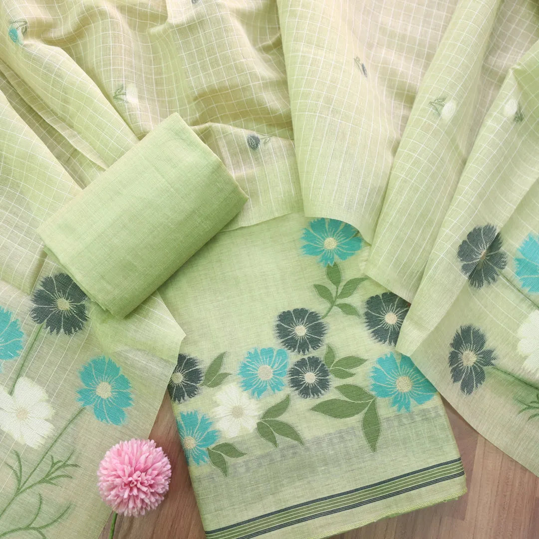 Pure Soft Muga Cotton Unstitched Dress Material Set - Pista