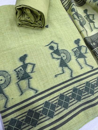 Soft Muga Cotton Warli Design Unstitched Dress Material Set - Pista