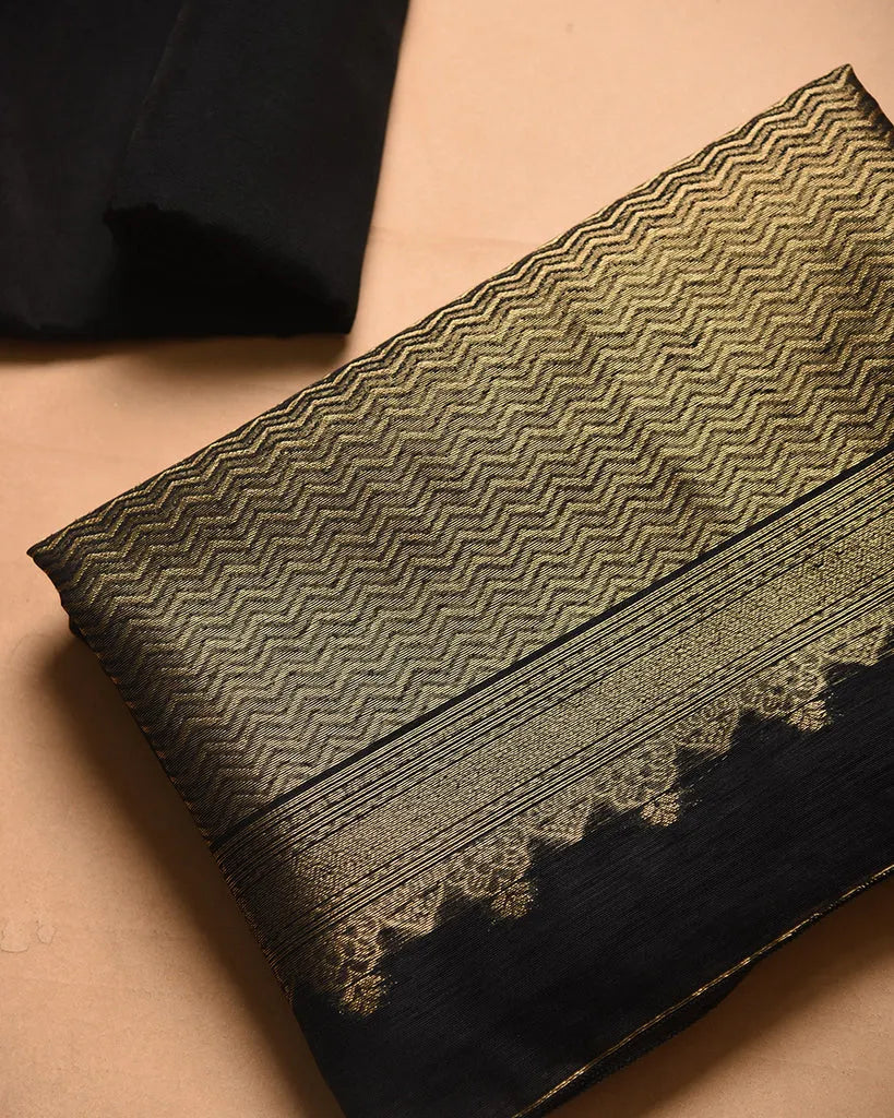 Soft Linen Silk Blend Unstitched Dress Material with Rich Zari Design - Black