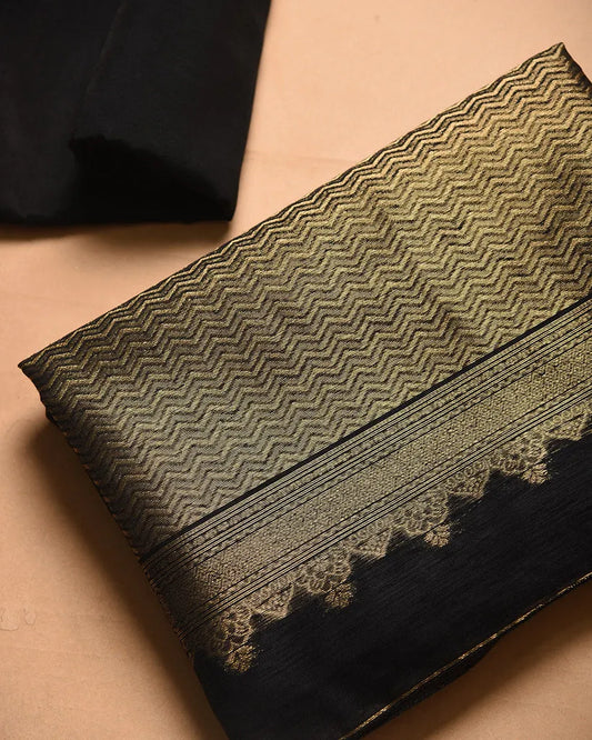 Soft Linen Silk Blend Unstitched Dress Material with Rich Zari Design - Black