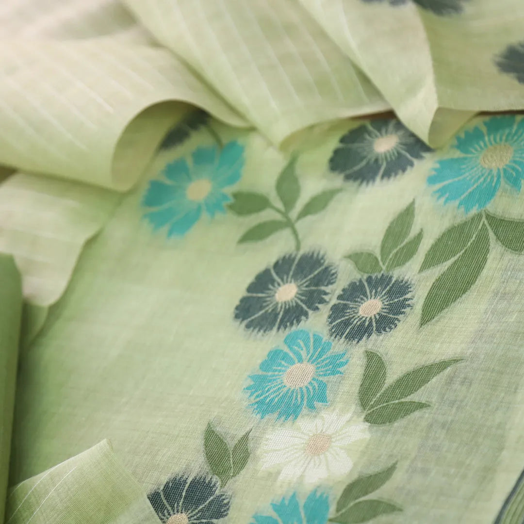 Pure Soft Muga Cotton Unstitched Dress Material Set - Pista