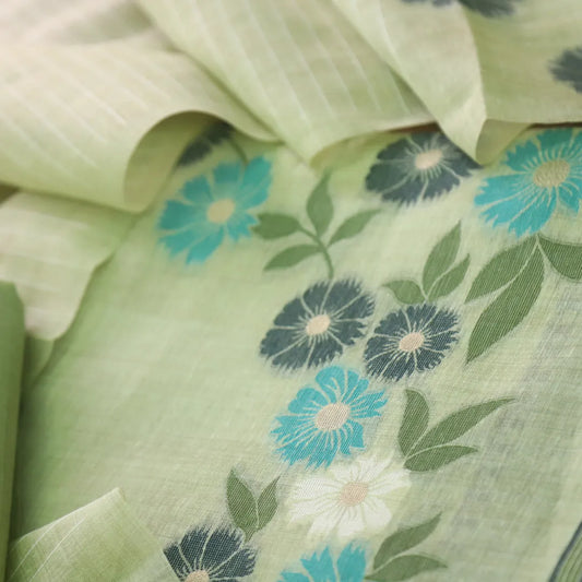 Pure Soft Muga Cotton Unstitched Dress Material Set - Pista