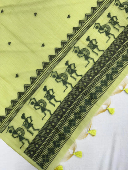 Soft Muga Cotton Warli Design Unstitched Dress Material Set - Pista