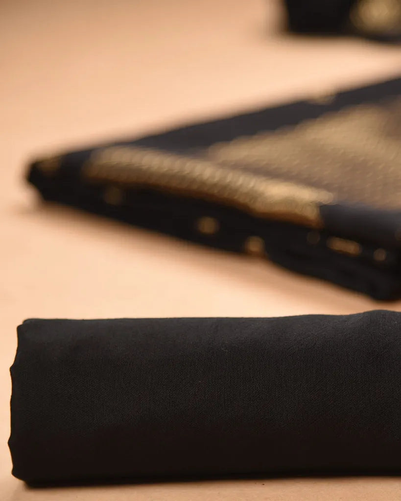 Soft Linen Silk Blend Unstitched Dress Material with Rich Zari Design - Black