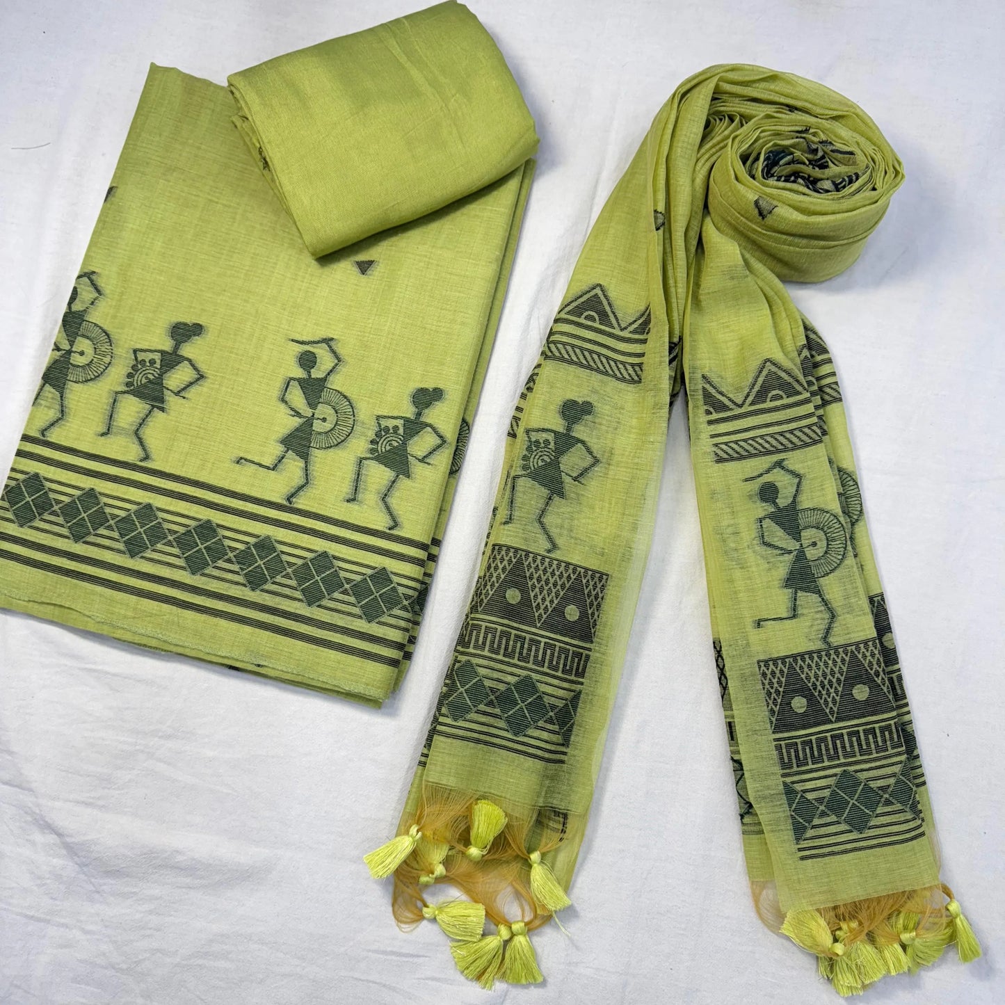 Soft Muga Cotton Warli Design Unstitched Dress Material Set - Pista