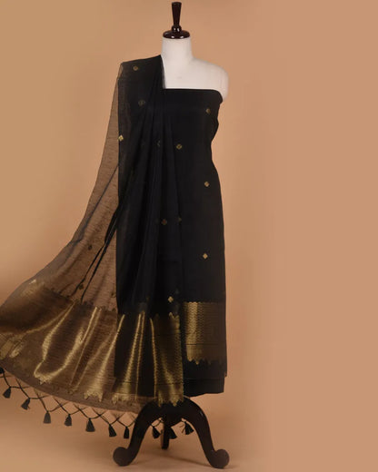 Soft Linen Silk Blend Unstitched Dress Material with Rich Zari Design - Black