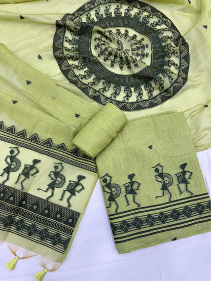 Soft Muga Cotton Warli Design Unstitched Dress Material Set - Pista