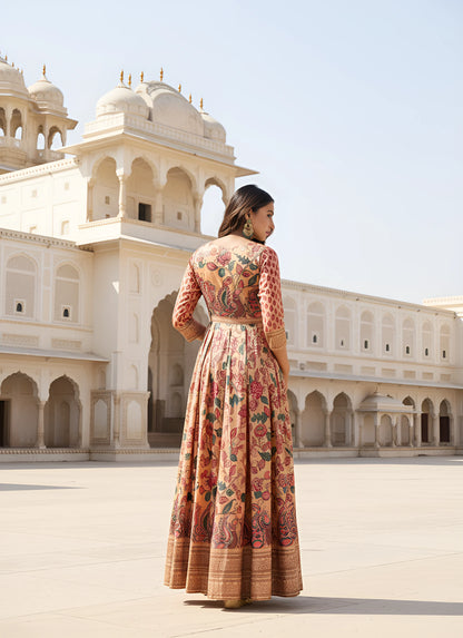 Anarkali Kalamkari Printed Floral Gown for Women - Peach