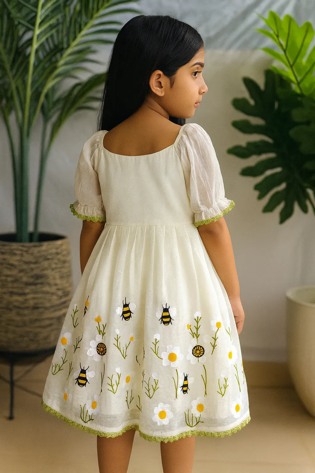 Ivory Floral Bee Embroidered Kids Party Wear Gown