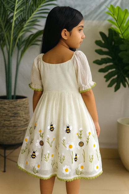 Ivory Floral Bee Embroidered Kids Party Wear Gown