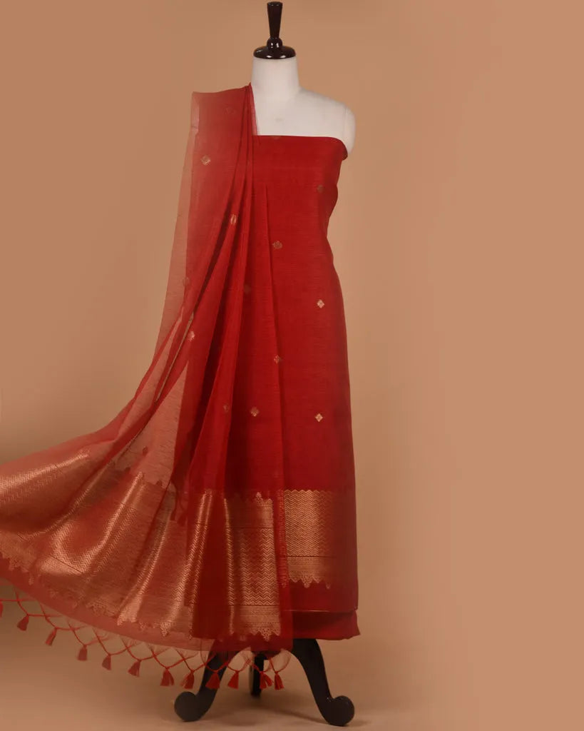 Soft Linen Silk Blend Unstitched Dress Material with Rich Zari Design - Red