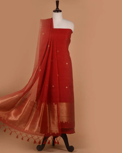 Soft Linen Silk Blend Unstitched Dress Material with Rich Zari Design - Red