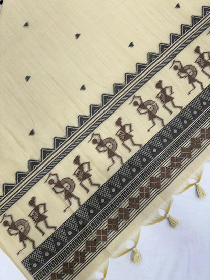 Soft Muga Cotton Warli Design Unstitched Dress Material Set - Cream