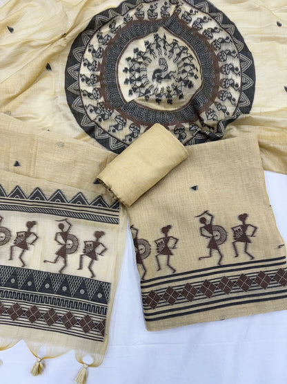 Soft Muga Cotton Warli Design Unstitched Dress Material Set - Cream