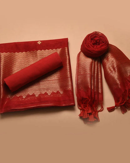 Soft Linen Silk Blend Unstitched Dress Material with Rich Zari Design - Red