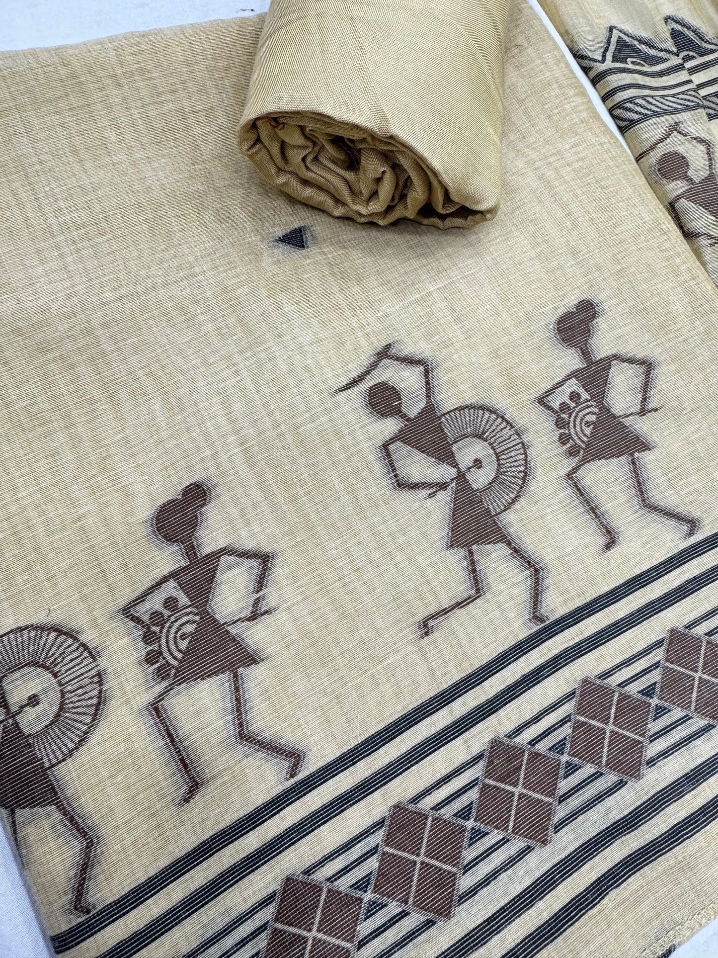 Soft Muga Cotton Warli Design Unstitched Dress Material Set - Cream