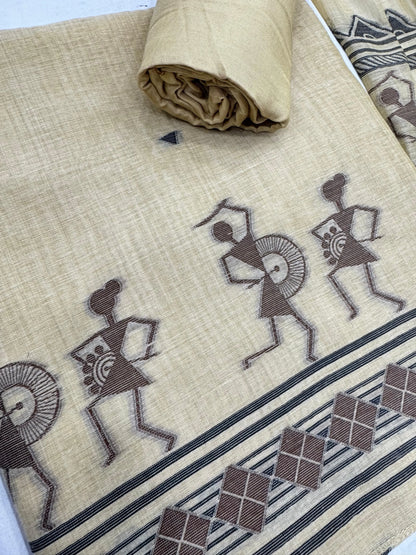 Soft Muga Cotton Warli Design Unstitched Dress Material Set - Cream