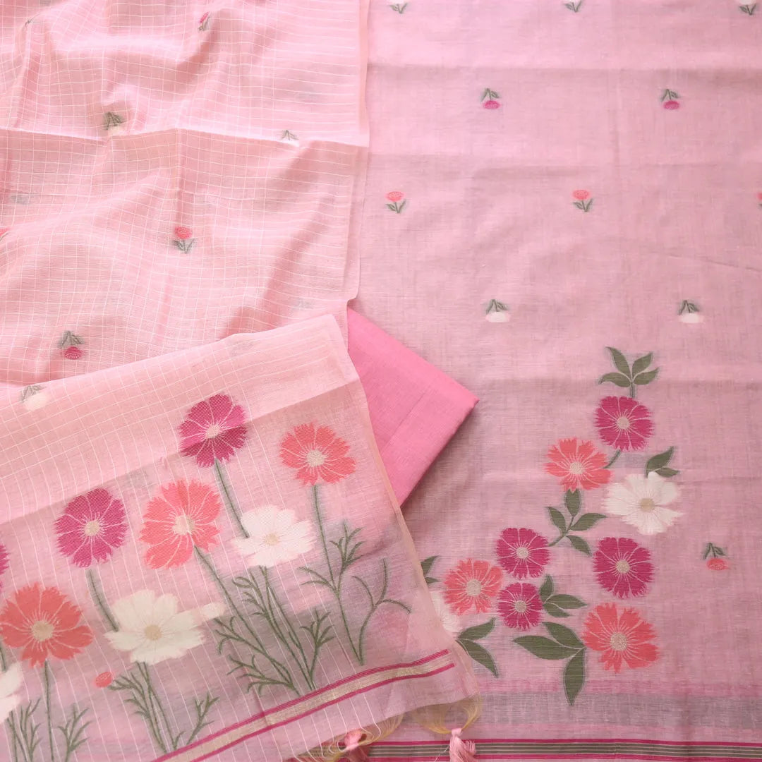 Pure Soft Muga Cotton Unstitched Dress Material Set - Pink