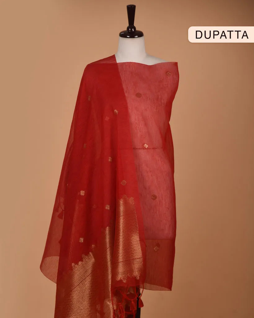 Soft Linen Silk Blend Unstitched Dress Material with Rich Zari Design - Red