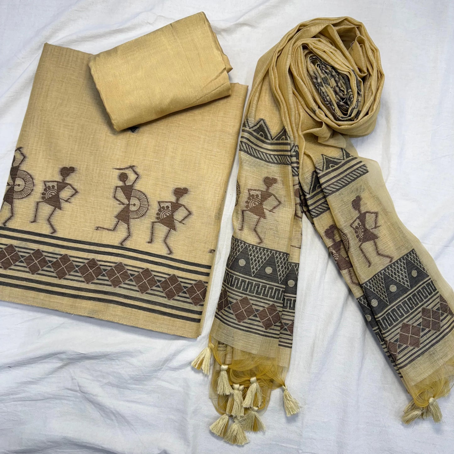 Soft Muga Cotton Warli Design Unstitched Dress Material Set - Cream
