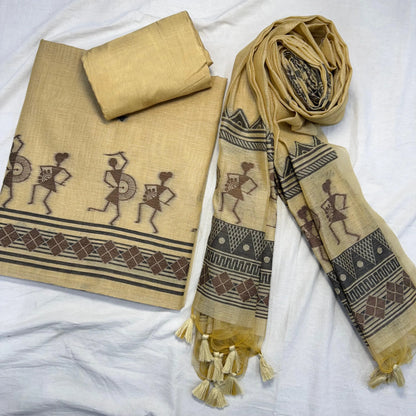 Soft Muga Cotton Warli Design Unstitched Dress Material Set - Cream