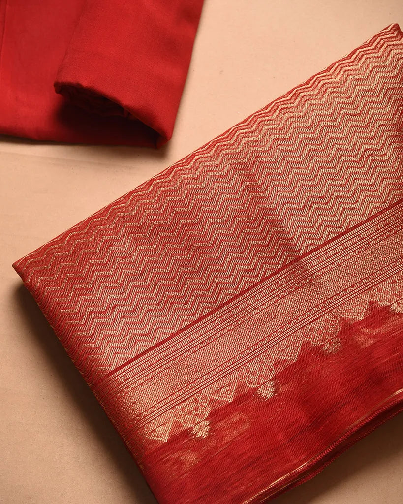 Soft Linen Silk Blend Unstitched Dress Material with Rich Zari Design - Red