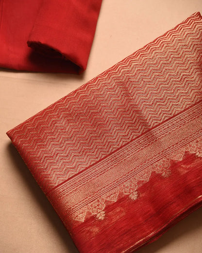 Soft Linen Silk Blend Unstitched Dress Material with Rich Zari Design - Red