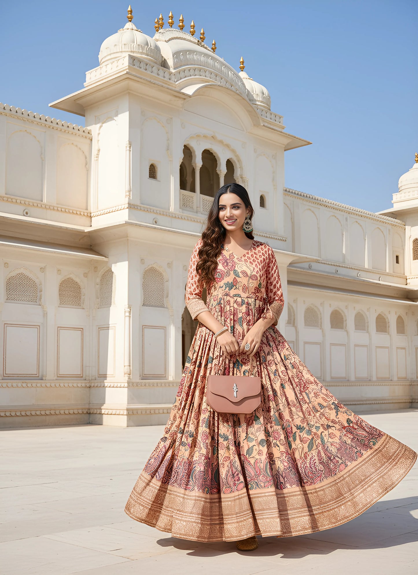 Anarkali Kalamkari Printed Floral Gown for Women - Peach