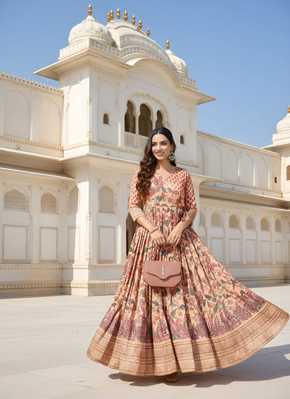Anarkali Kalamkari Printed Floral Gown for Women - Peach