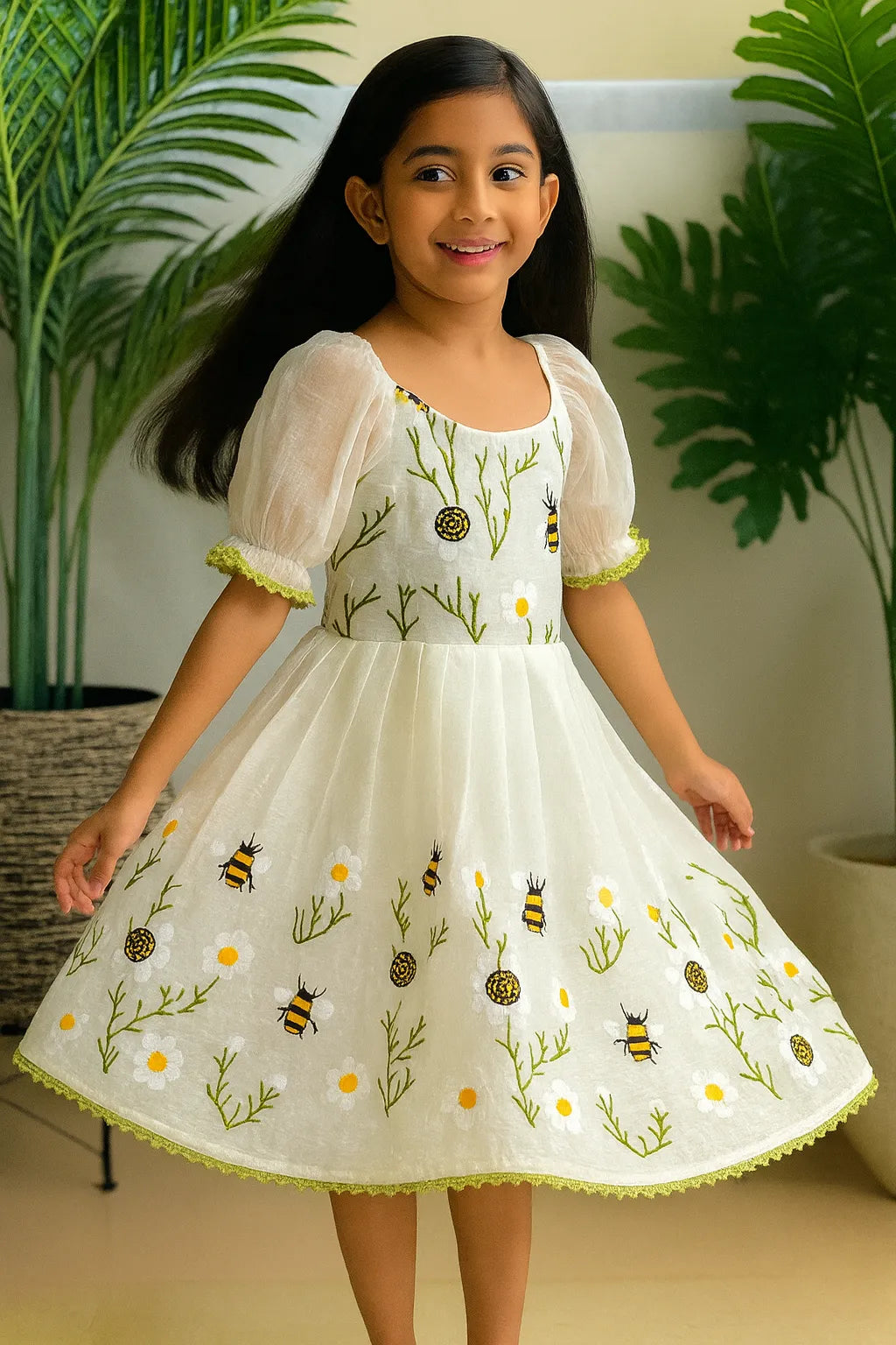Ivory Floral Bee Embroidered Kids Party Wear Gown