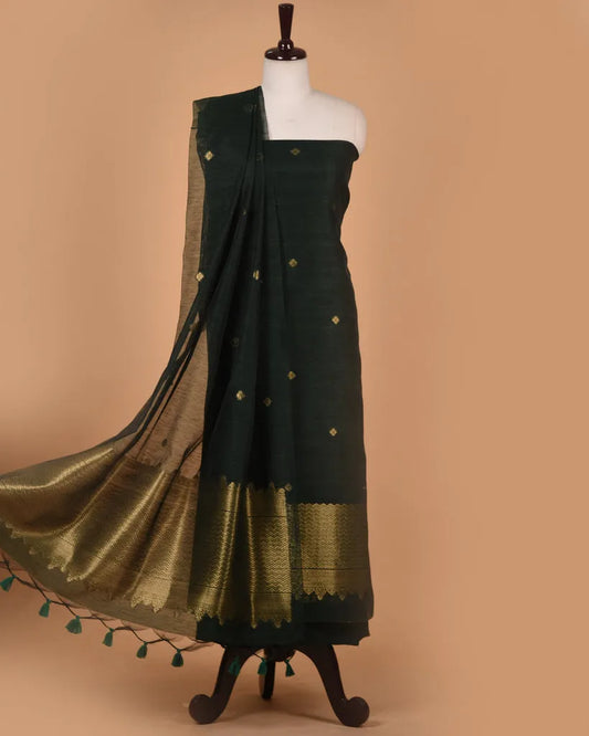 Soft Linen Silk Blend Unstitched Dress Material with Rich Zari Design - Green