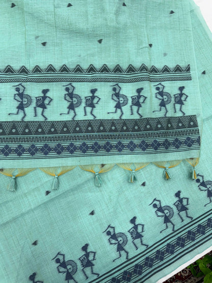 Soft Muga Cotton Warli Design Unstitched Dress Material Set - Sky