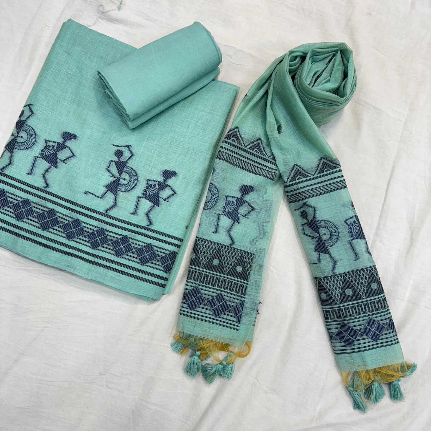 Soft Muga Cotton Warli Design Unstitched Dress Material Set - Sky