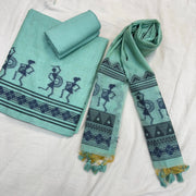 Soft Muga Cotton Warli Design Unstitched Dress Material Set - Sky