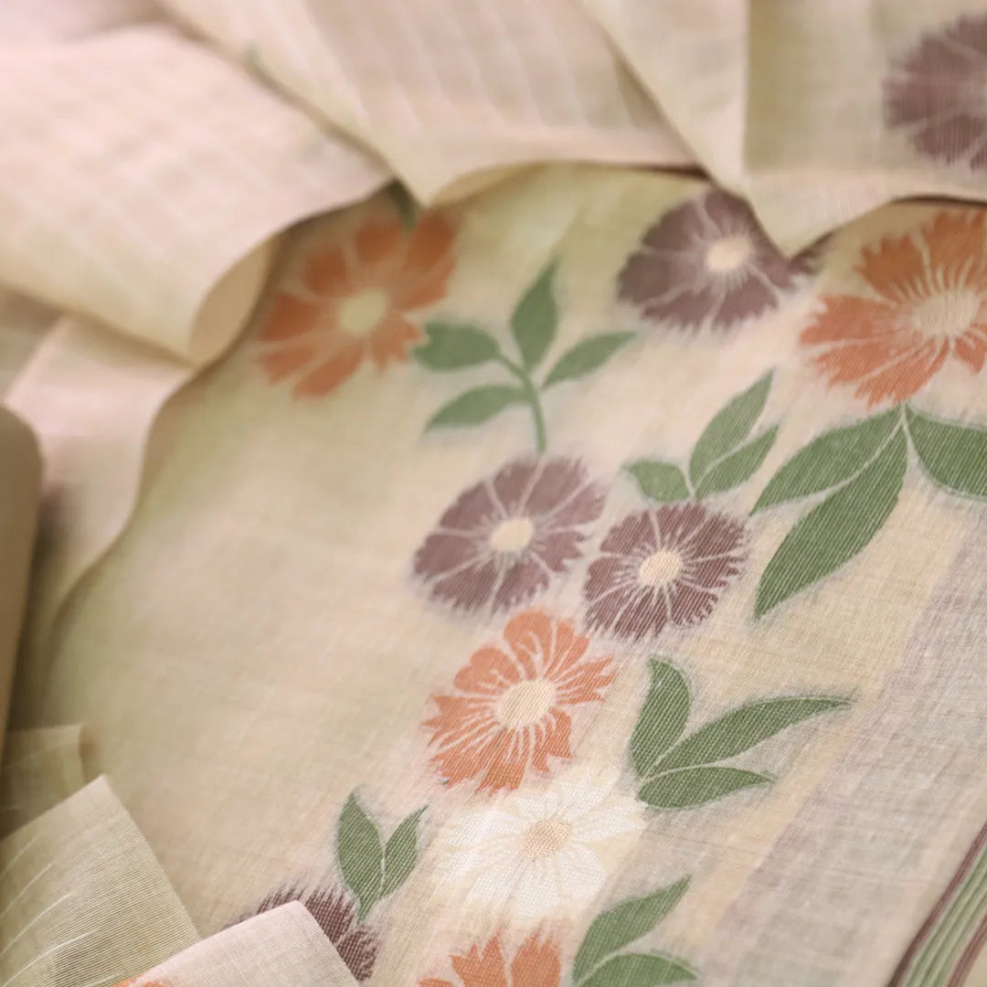 Pure Soft Muga Cotton Unstitched Dress Material Set - Cream