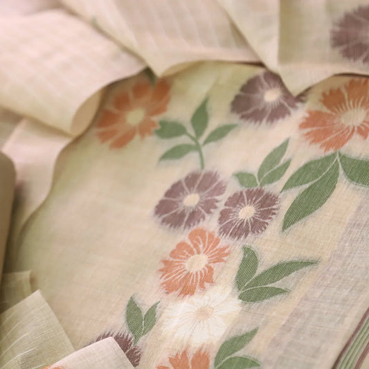 Pure Soft Muga Cotton Unstitched Dress Material Set - Cream