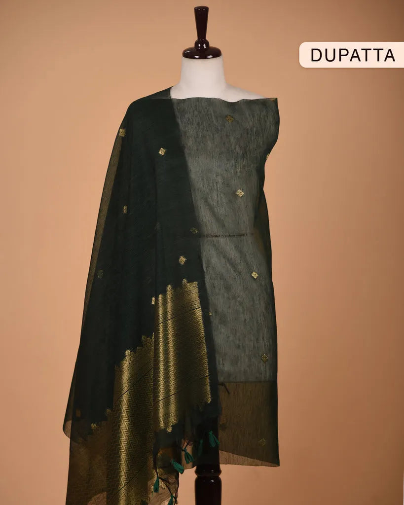 Soft Linen Silk Blend Unstitched Dress Material with Rich Zari Design - Green