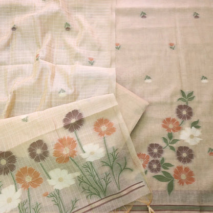 Pure Soft Muga Cotton Unstitched Dress Material Set - Cream