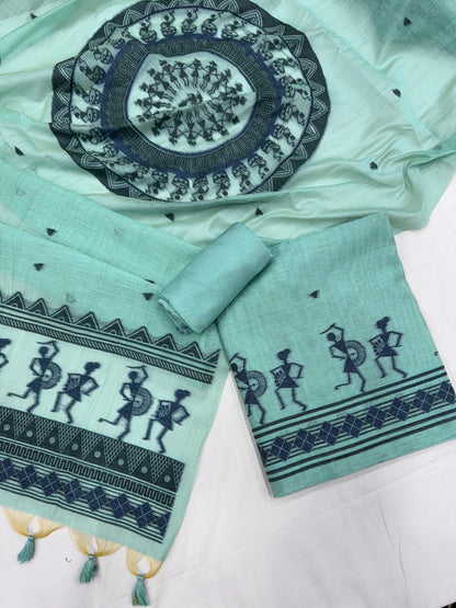 Soft Muga Cotton Warli Design Unstitched Dress Material Set - Sky