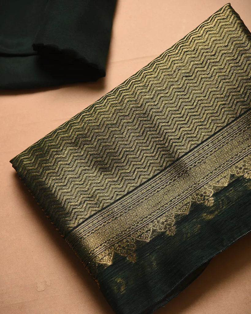 Soft Linen Silk Blend Unstitched Dress Material with Rich Zari Design - Green