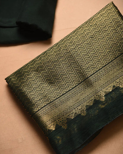 Soft Linen Silk Blend Unstitched Dress Material with Rich Zari Design - Green