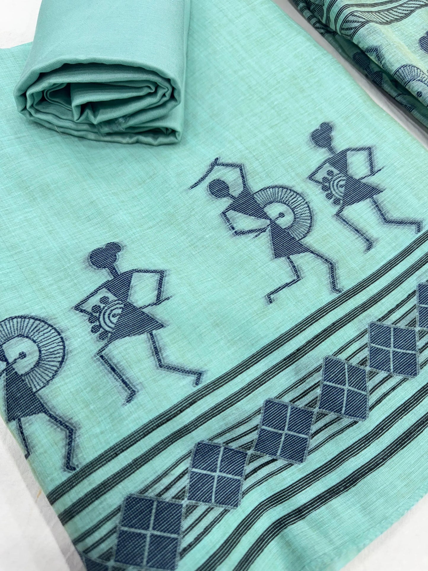Soft Muga Cotton Warli Design Unstitched Dress Material Set - Sky