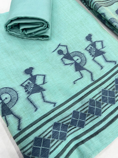 Soft Muga Cotton Warli Design Unstitched Dress Material Set - Sky